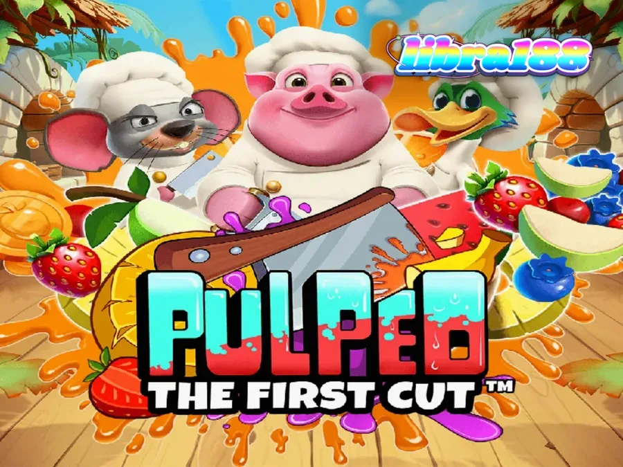 Tampilan visual game slot Pulped: The First Cut dengan koki hewan dan buah-buahan segar